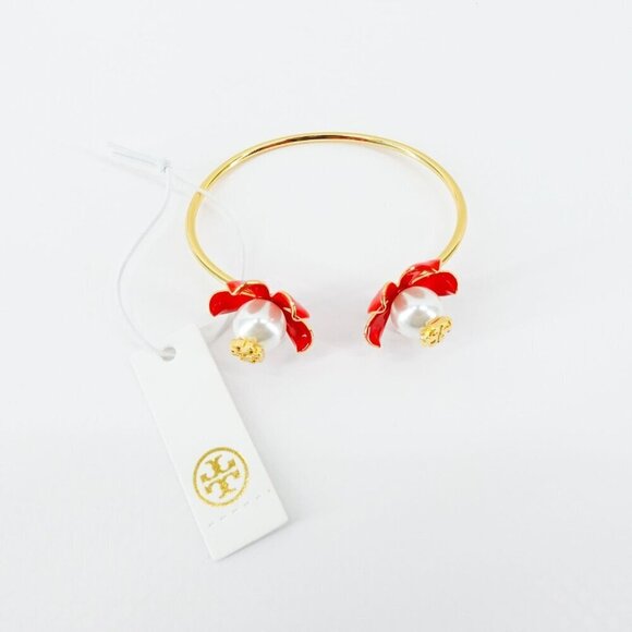 Tory Burch Golden and Red Flower Pearls Bracelet Red OS - Picture 3 of 12